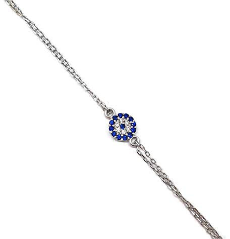 MYSTIC JEWELS by Dalia - Armband mit kleinem türkischem Auge Motiv Zirkonia - Doppelkette 16-18 cm verstellbar (Silber)