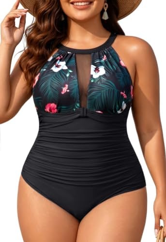 Aqua Eve Plus Size Swimsuit Women One Piece Swimsuit Tummy Control High Neck Bathing Suit Ruched Swimwear