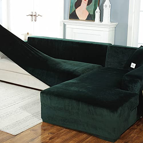CLGTY Stretch Sofabezug L Form Samt Stoff, 2 Stück Sofa Überwürfe Ecksofa Mit Elastisch Unterseite, Möbelschutz Für Kind Pet Katze Hund-Türkis-Medium 3+3 Sitzer