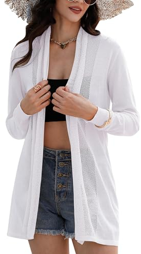 Gyabnw Cardigan Femme, Bolero Femme Chic et Elegant, Translucide Léger Respirant Gilet Long, Blanc, M