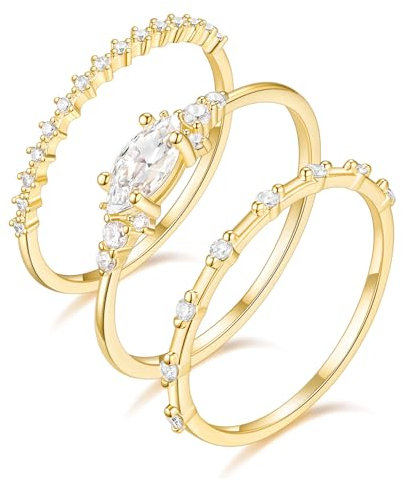 TIGRADE Bagues empilables plaquées or 14 carats de 1,5 mm pour femmes et filles, bague fine en or marquise et oxyde de zirconium rond, taille 3-13 1 PC/3 pièces, Pierre, Zircone cubique