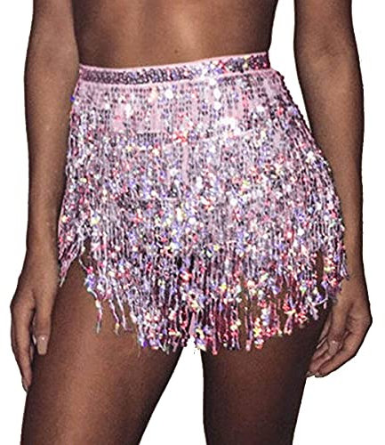 Prosy jupe de danse du ventre à paillettes pour femmes ceinture de hanche gland femme écharpe enveloppement Costume de Festival de musique rave (Rose)
