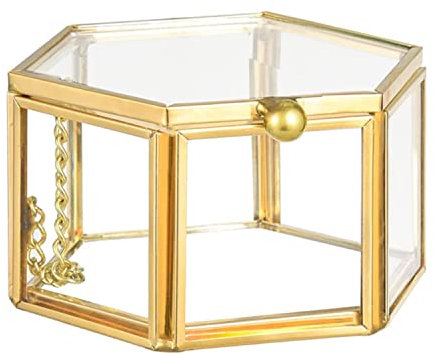 KOMUNJ Joyero de metal y cristal, caja de joyería geométrica de cristal transparente, caja de cristal, hexagonal (dorada, 8 x 7 x 4,5 cm)
