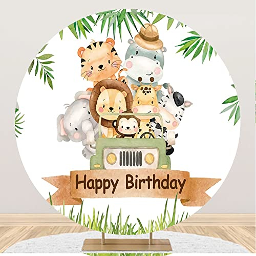 Renaiss 1.8m Dschungel Tiere Thema Geburtstag Runde Backdrop Grün Auto Tier Fotografie Hintergrund Kinder Geburtstag Party Dekoration Kuchen Tisch Banner Polyester Fotostudio Requisiten