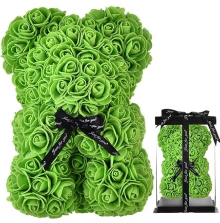 OISE ART STORE Trade Shop - Orsacchiotto Orsetto Orso di Rose con Fiori Artificiali da 25cm San Valentino Verde