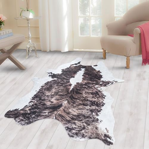 Carpettex Teppich Fellteppich Kunstfell Rinderfell Imitat Kuhmotiv Digitaldruck Waschbar rutschfest, Farbe: Braun, Größe: 100 x 135 cm