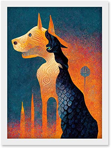 Doppelganger33 LTD Abstract Dog Monument Statue Illustration Teal Orange Artwork Framed Wall Art Print A4