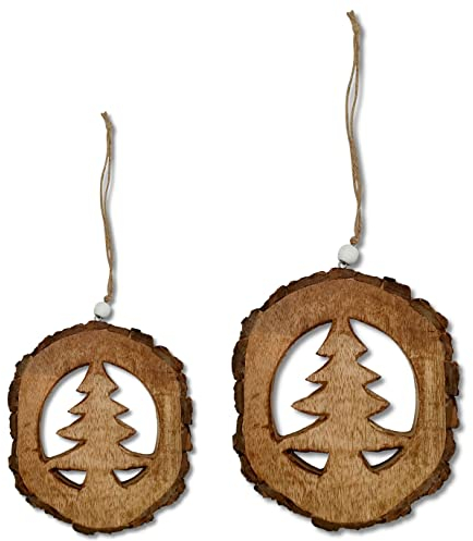 Mango-Holz Dekohänger Tannenbaum braun 2er Set - 22 und 32cm Fenster-Deko Walddeko Dekoration Baumscheibe Rinde