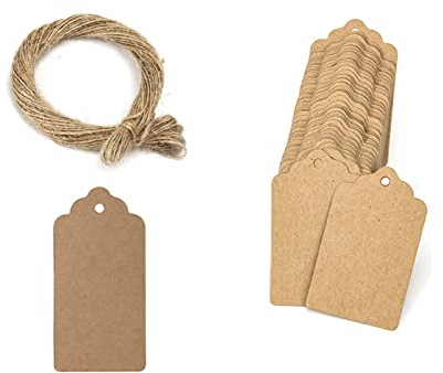LICHUANUK Lot de 100 étiquettes en papier kraft - étiquettes à suspendre avec 20 mètres de ficelle de jute naturelle pour cadeaux, mariage, Saint-Valentin - 3 x 5 cm