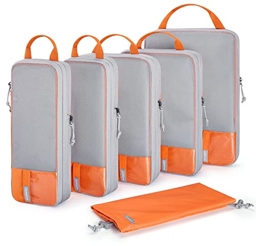 BAGSMART Kleidertaschen Set 6 Reise Organizer mit Kompression für Reise | Kompression, wasserdicht, 300D Oxford, 9L/13L/17L Größen, für Reise, Koffer-Organisation, verstellbare Fächer, mit Griff