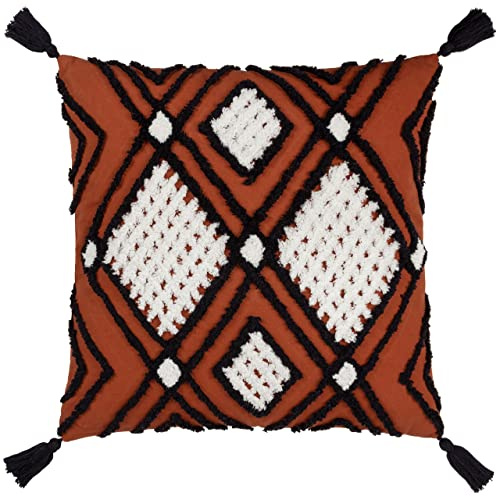 furn. Aquene Cushion Cover – Diamond Tufted Geometric Cotton Tassel Corner Case (Brick/Black – 50x50cm)