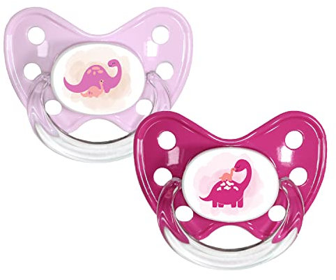 dentistar Silikon Schnuller 2er-Set – Größe 1 Schnuller 0-6 Monate – Zahn- & kieferfreundlicher Nuckel mit Dental-Stufe – BPA-frei – Made in Germany - Dinos Rosa & Pink