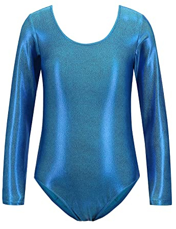 Turnanzug Mädchen Langarm Kinder U Rücken Metallic Glitzer Gymnastikanzug Ballett Trikot Body Leotard Tanzbody Ballettanzug Balletttrikot Eiskunstlauf Ballerina Ballettkleidung Hellblau 4-5 Jahre
