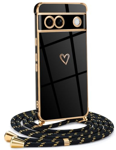 Mkej Frauen Mädchen Handykette Kompatibel mit Google Pixel 7A - Silikon Hülle mit Band - Handyhülle für Google Pixel 7A Herz Love Design Galvanik - Hülle mit Kordel in schwarzes Gold