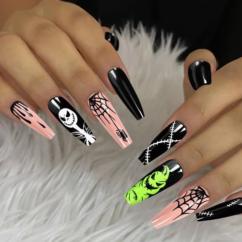 Halloween Press on Nails, 24 PCS Halloween Aufdrücken auf Nägel, Künstliche Nägel für Frauen, Falsche Nägel für Frauen und Mädchen für Halloween Dekoration (A)
