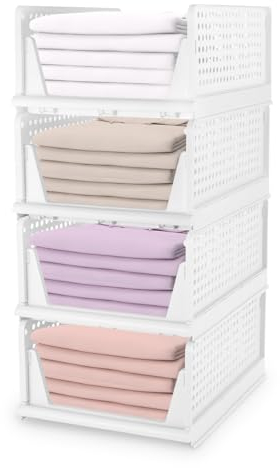 Esilihom Wardrobe Storage Organiser 4 Pack, Folding Closet Organisers, Stackable Storage Drawers, Easy Pull Out Wardrobe Shelves for Clothes, White