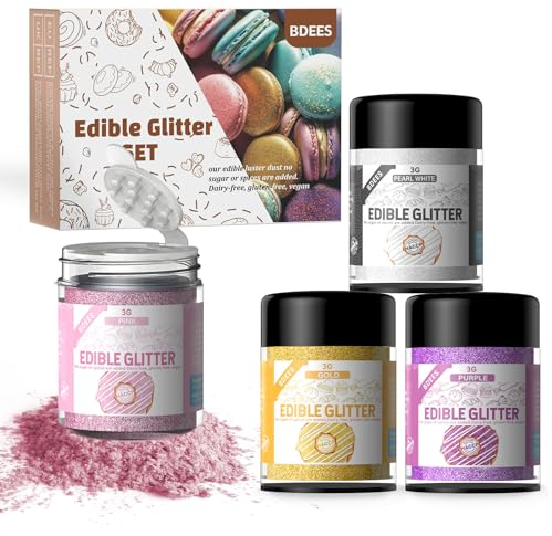 Edible Glitter, 4 Colors Cocktail Drink Glitter 100% Edible Glitter for Drinks, Cake Decorating, Strawberries, Food Grade Shimmering, Pink, Blue Rose, Gold Luster Dust Edible (3g per Bottle)