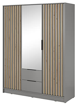 BETTSO Nelly Armoire avec Miroir - avec 3 Portes Battantes, 2 Tiroirs, Compartiments et Barre de Penderie - Lamelles/Rainuré - pour Vestiaire, Entrée, Chambre - Moderne - Mat Gris