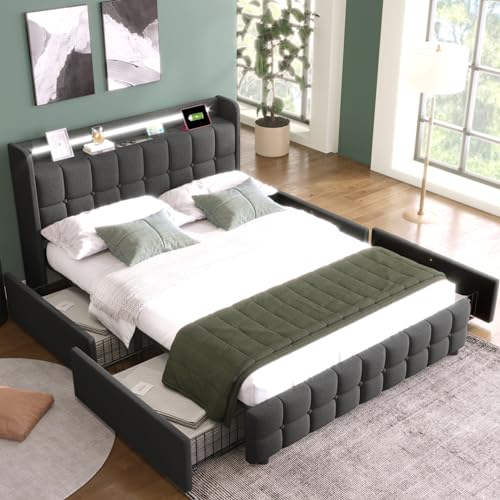 BHFFTHK Polsterbett Doppelbett 160x200 mit Stauraumbett 4 Stauraum Schubladen mit Doppelbett mit LED Kopfteil und USB Ladefunktion,Modern Bett Jugendbett Bettgestell mit Lattenrost,Leinen,Grau