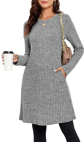 SENBATU Vestido Tipo Jersey para Mujer, Vestidos de Manga Larga para Mujer, Vestido Tipo túnica con Botones Laterales y Bolsillos Gris Claro XX-Large