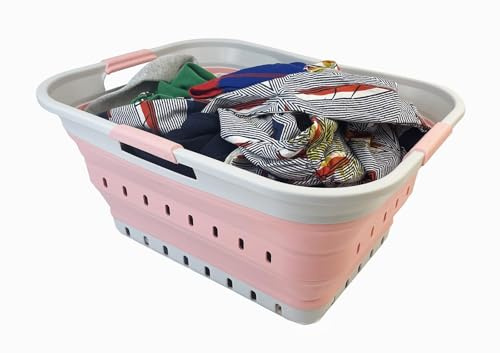 SAMMART 42L Collapsible Plastic Laundry Basket - Foldable Pop Up Storage Container/Organizer - Space Saving Hamper/Basket (Grey/Quartz Pink)
