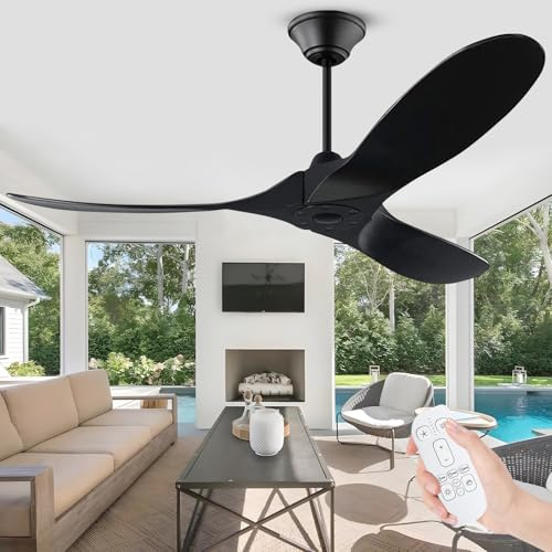 OUENGK Ventilatore da soffitto nero senza luce, ventilatore da soffitto in legno per esterni da 152 cm con telecomando, moderno ventilatore da soffitto silenzioso e reversibile per patio, soggiorno
