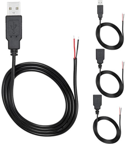 RUNCCI-YUN 4Pieces USB A Pigtail Kabel 5V / 2A USB 2.0 Power blankes Kabel Pigtail 22 AWG USB 2.0 Plug Socket 2-Pin löten DIY Pigtail Cable for USB Devices Repair DIY Cable(100cm)