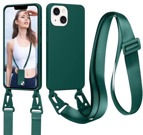 Woijrly Coque pour iPhone 13/14 avec Cordon, Collier pour Étui en Silicone Liquide avec Portable Sangle réglable Bandouilière Lanyard Colliers, Housse Anti-Choc Case iPhone 14 Lanière, Vert