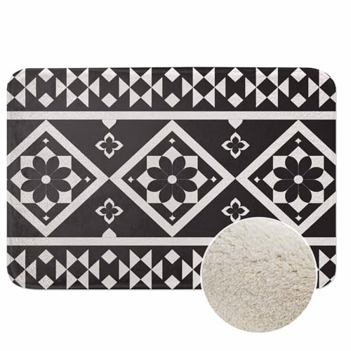 Badezimmermatte mit geometrischem Ethno-Muster, schwarz und weiß, Mikrofaser, Kunst-Kaschmir, dicker Plüsch-Badematte, rutschfest, wasserabsorbierend, Badteppich für Badewanne, Badezimmer, Bodenwanne,