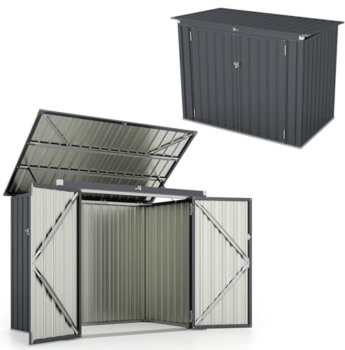 HOMASIS Mülltonnenbox für 2 Mülltonnen, 1,5 m² Gerätehaus Metall, wetterfest Geräteschuppen mit Doppeltür & Klappdeckel, abschließbar Gartenbox Müllbox dunkelgrau, inkl. 2 Handschuhen, 172x101x130cm