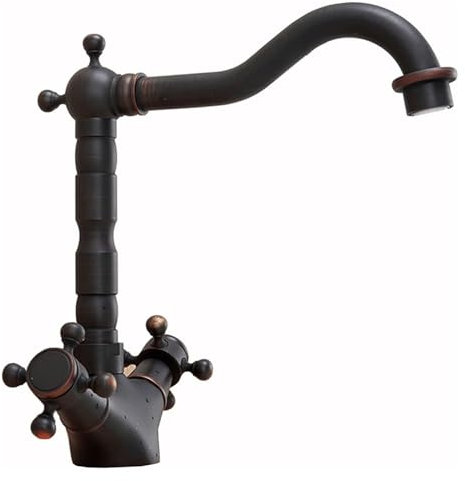 FDTMGW Küchenarmatur, Badarmatur, Doppelgriff-Wasserhahn, Waschbecken-Wasserhahn, antikes Messing, 360° drehbar, Badarmatur aus gebürstetem Messing, Einloch-Waschtischarmatur, Einloch, schwarz B,