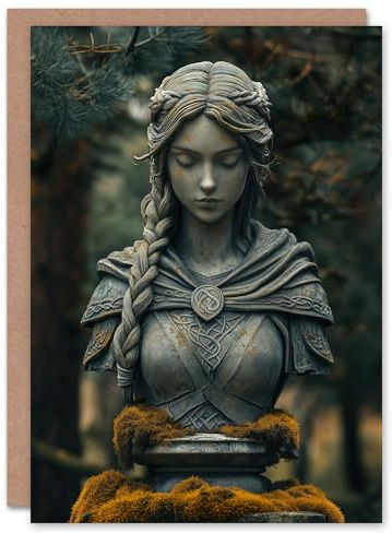 Artery8 Greeting Card Norse Shield Maiden Warrior Bust Statue in Forest Blank For Him Or Her Art Birthday Card