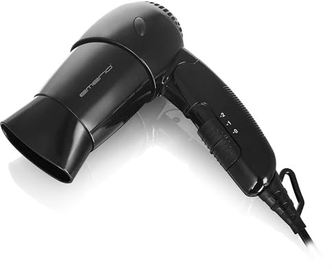EMERIO Haartrockner mit klappbarem Griff für den Urlaub + unterwegs | 1200W | Reise Föhn | 2 Temperatur- & 2 Luftstromstufen | Konzentrator | Aufhängeschlaufe | 1,6m Kabel | Schwarz | HD-114387.8