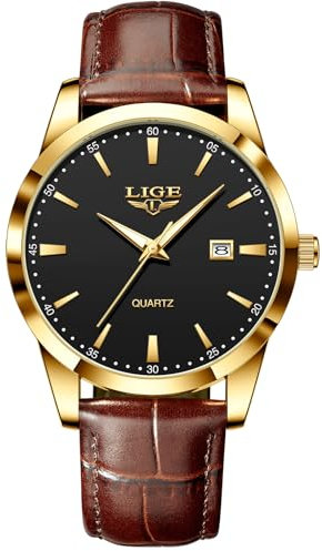 LIGE Herren Uhren Wasserdicht Quarz Armbanduhren Für Herren Männer Uhr Mit Datum gelb-braun Lederarmband Retro Business Men's Watches,Goldschwarz