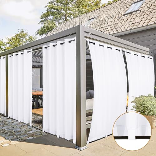 2 Stücke Outdoor Vorhang Wetterfest mit Ösen, Outdoorvorhänge Balkon Vorhang Terrasse Vorhänge Outdoor Gardinen Sonnenschutz & Sichtschutz Vorhänge mit Schlaufen Unten, H213 x B254 cm, Weiß