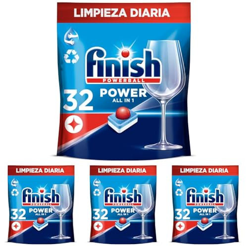 Finish Powerball Power All in 1 Pastillas para el Lavavajillas, 32 Pastillas (Paquete de 4)