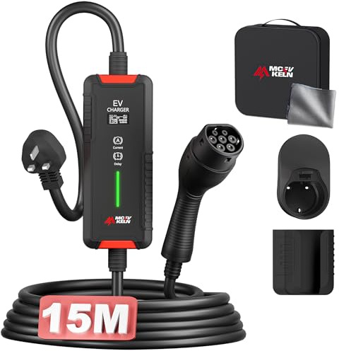 MCEVKELN EV Charger Cable Type 2 to 3 Pin Plug 3kW 15M 1-Phase 6A/8A/10A/13A 3 Pin EV Charger Mode 3 Charging Cable EV Mobile Charging Station for EVs & PHEVs