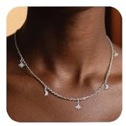 ALEXCRAFT Silber Ketten Halskette für Damen Frauen, Sterling Silber 925 Halsketten mit Sterne Mond Zirkonia Charm Anhänger Kette, Verstellbare Schlüsselbeinkette Stapelbare Halsketten Boho Ketten
