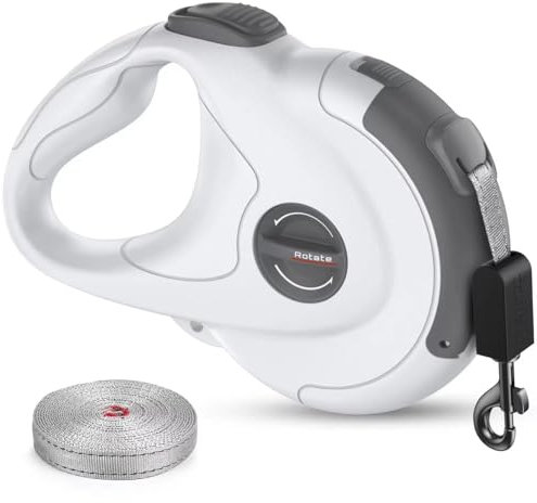 Einziehbare Hundeleine für Hunde und Katzen, 360° verhedderungsfrei, langlebig, starkes Nylon, austauschbar, reparierbar, Einhand-Bremspause, 4 m, Weiß