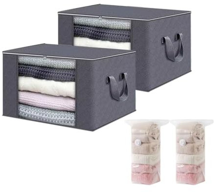 Yucong 2 Pack Large Storage Bags and 2 Pcs/Set Vacuum Compression Bags - Quilt Storage Bag King Size for Bedding, Clothes, Pillows, Blankets (Grey Storage Bag, 90 L-Storage Bag)