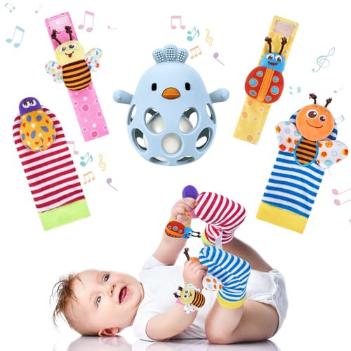 MCGMITT Jouets Éveil Bébé 0-12 Mois – Set 3 en 1 avec Hochet, Anneau Dentition Développement Sensoriel et Eveil Hochet Pied et Poignet Jouet Sensoriel Doux Sans BPA Stimule Motricité Fine et Audition