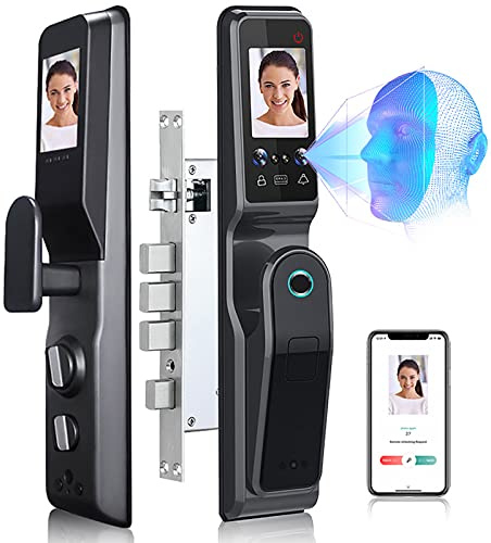 Smart Door Lock with Face Recognition, Biometric Fingerprint Access, Digital Password, Door Viewer, Includes Keys for Home Entry