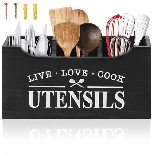 LuLobtg Kitchen Utensils Holder, Wall Mounted Wooden Cutlery Caddy with 3 Compartments and Drainage Bottom, Wood Silverware Organizer, Cooking Tools Container for Kitchen Countertop