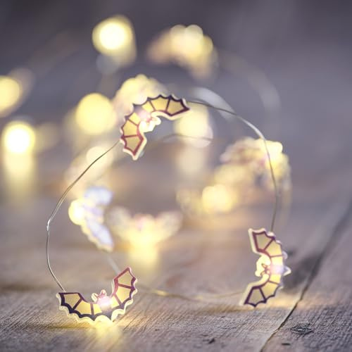 Lights4fun Halloween Fledermaus Lichterkette – 20 LED-Fledermäuse in Lila & Weiß, Warmweiße Mikrolichter auf Draht, Batteriebetrieben mit Timer – Deko für Halloween, Partys & Kürbisse – 1,9 m lang