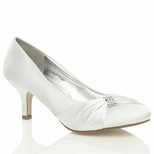 Women’s Satin Low Kitten Heel Court Shoes – Diamante Buckle Bridal Bridesmaid Prom Party Heels for Wedding-White 5 UK