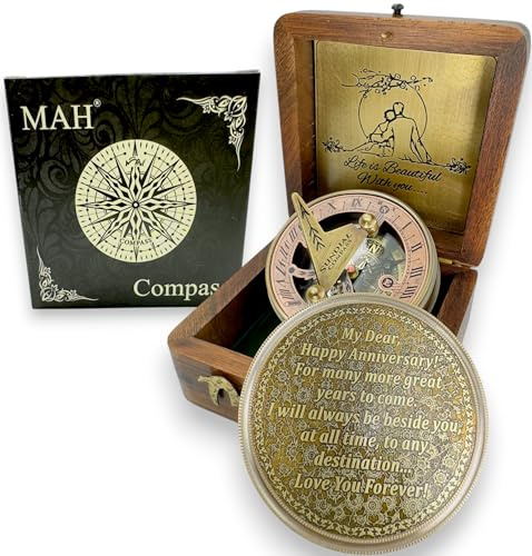 Zirkel mit Sonnenuhr aus Messing, Geschenk für Sie oder Ihn, Andenken für Ehemann, Ehefrau oder Paar, 50., 40., 25., 20., 1. Jahr, Hochzeit oder Liebesfeier, graviert oder geprägt, romantisches Zitat
