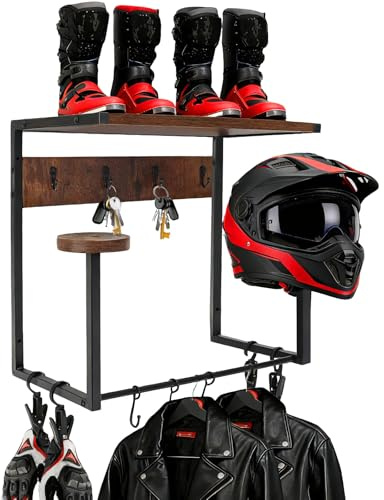 GHWMYD Motorcycle Helmet Holder Wall Mount for Moto Gear Storage Display | 2 Heavy-Duty Helmet Rack, 2 Shelves, 4 Clips, 5 Hooks for Displaying Motorcycle Accessories, Hanging Glove, Key, Jacket
