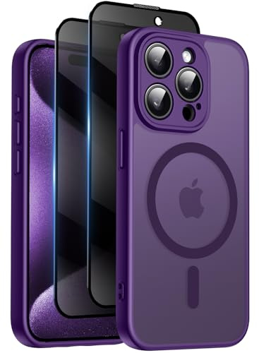 Qasyfanc for iPhone 15 Pro Max Case, Privacy Screen Protectors X2, Purple | Compatible with MagSafe, Camera Protection, 15FT Military Drop Protection, Translucent Matte Shockproof Phone Cover