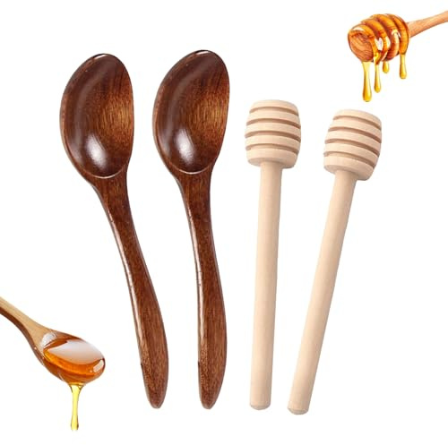 4 Pcs Honey Spoons Wooden,Wooden Honey Spoons Dipper | Honey Stirrer Sticks for Honey, Jam, Syrup, Dessert, and More-NaturalHoney Mixing