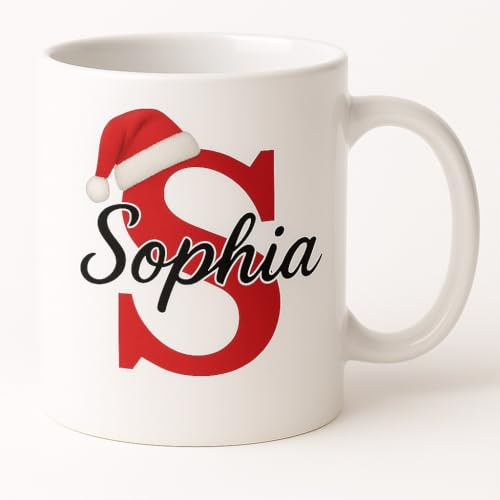 Vacso Trading Personalised Christmas Initial Mug – Custom Red Letter with Santa Hat & Name in Black – 11oz White Ceramic Festive Gift – Customised Holiday Coffee Cup for Men, Women, Kids, Teachers